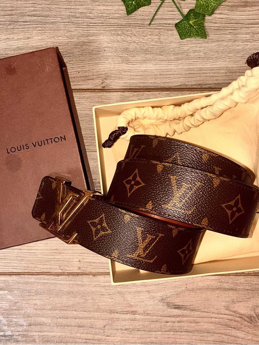 Louis Vuitton Brown Monogram Canvas Belt with Gold LV Buckle